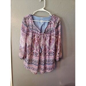 St Johns Bay Small Boho Peasant Paisley Tasseled 3/4 Sleeve Blouse Purple (A417)